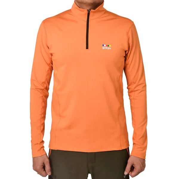 Men's orange half-zip pullover with Gokyo logo on chest.