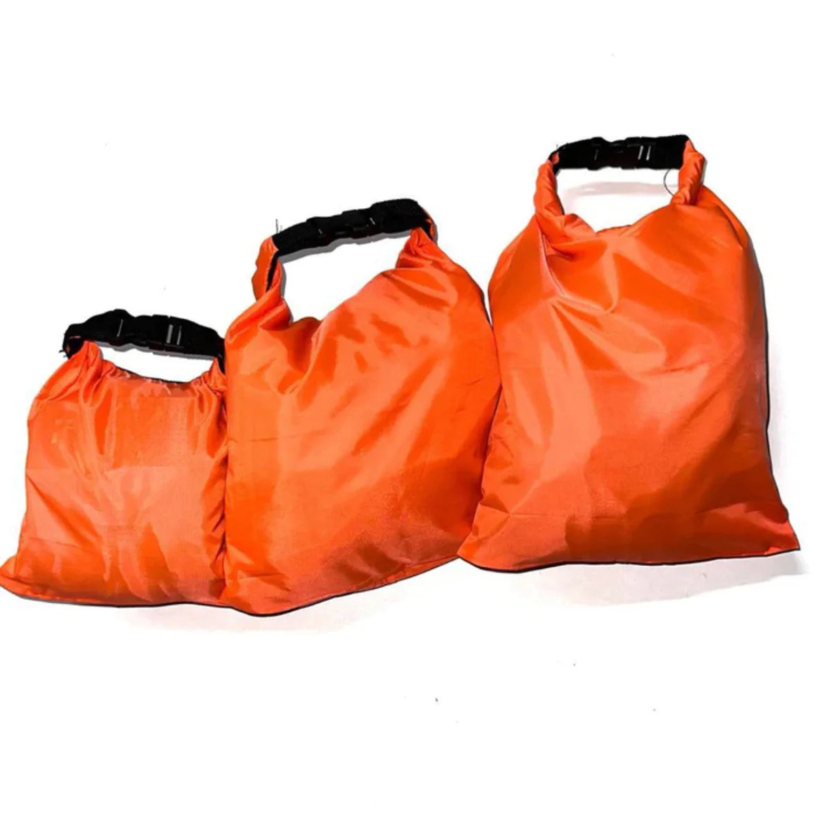 Durable orange waterproof sacks and pouches for outdoor gear storage
