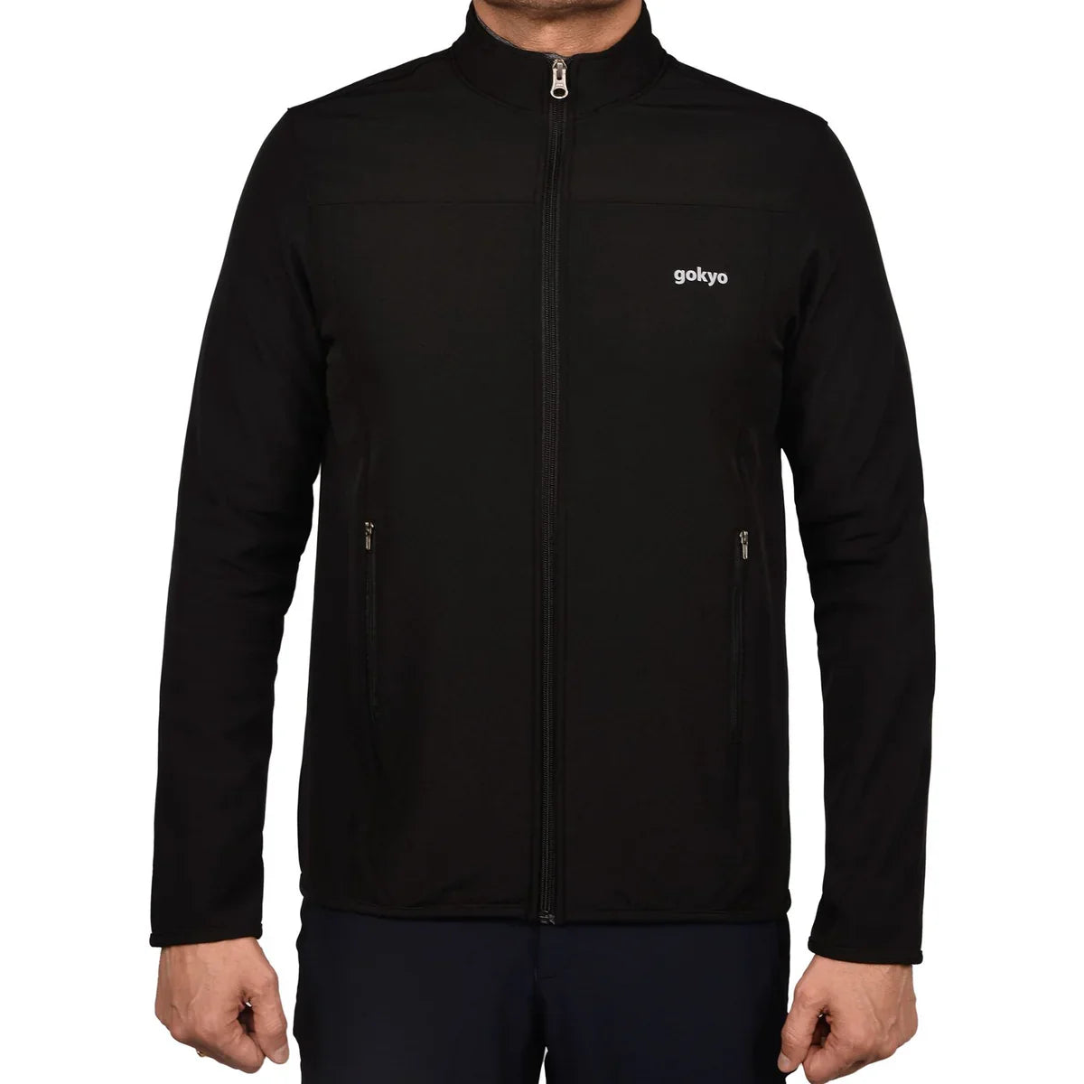 Functional black jacket for men with front zipper and zippered pockets