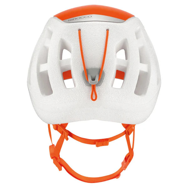 Gokyo Lightweight white and orange climbing helmet with ventilation slots.