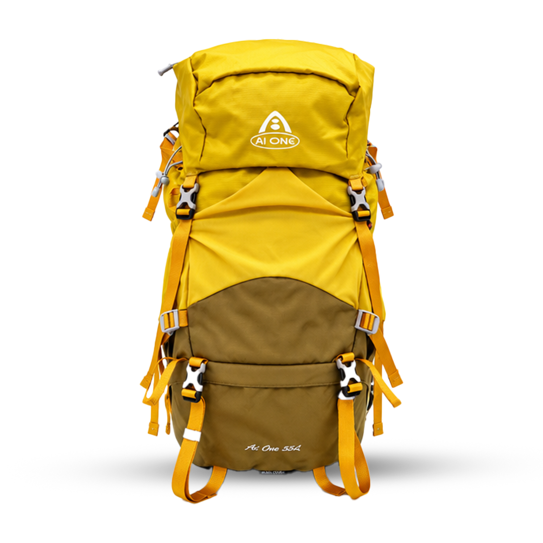 AI One 55L trekking backpack front view in yellow
