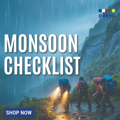 Gokyo Outdoor Clothing & Gear homepage banner highlighting monsoon trekking checklist