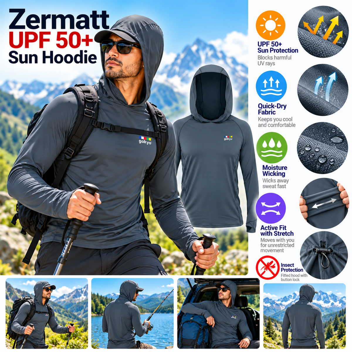 Buy Gokyo Zermatt UPF 50+ Sun Hoodie | Trekking & Hiking T-shirts at Gokyo Outdoor Clothing & Gear