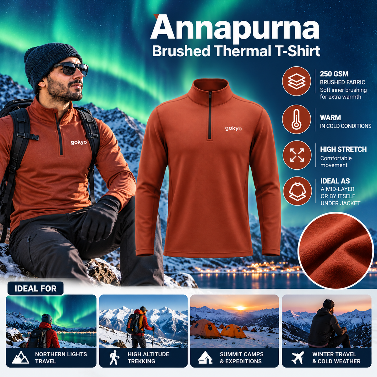 Buy Gokyo Annapurna Brushed Thermal T-Shirt for Treks & Expeditions 250 gms | Trekking & Hiking T-shirts at Gokyo Outdoor Clothing & Gear