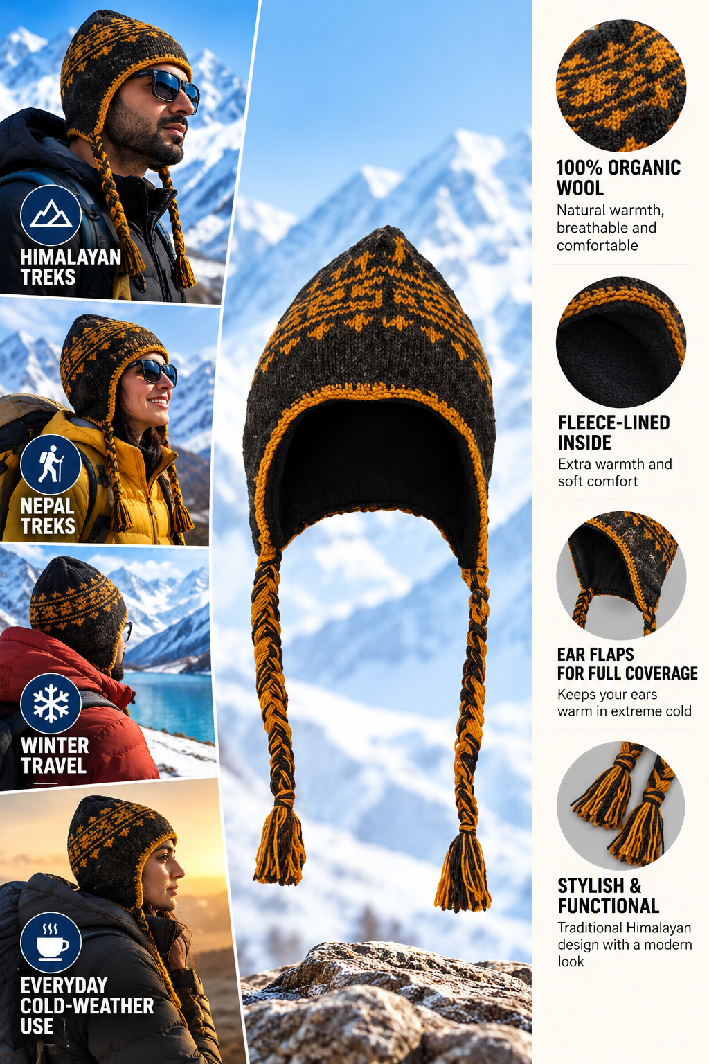 Annapurna wool fleece beanie with ear flaps, organic wool, fleece lining and full ear coverage for Himalayan treks and winter travel