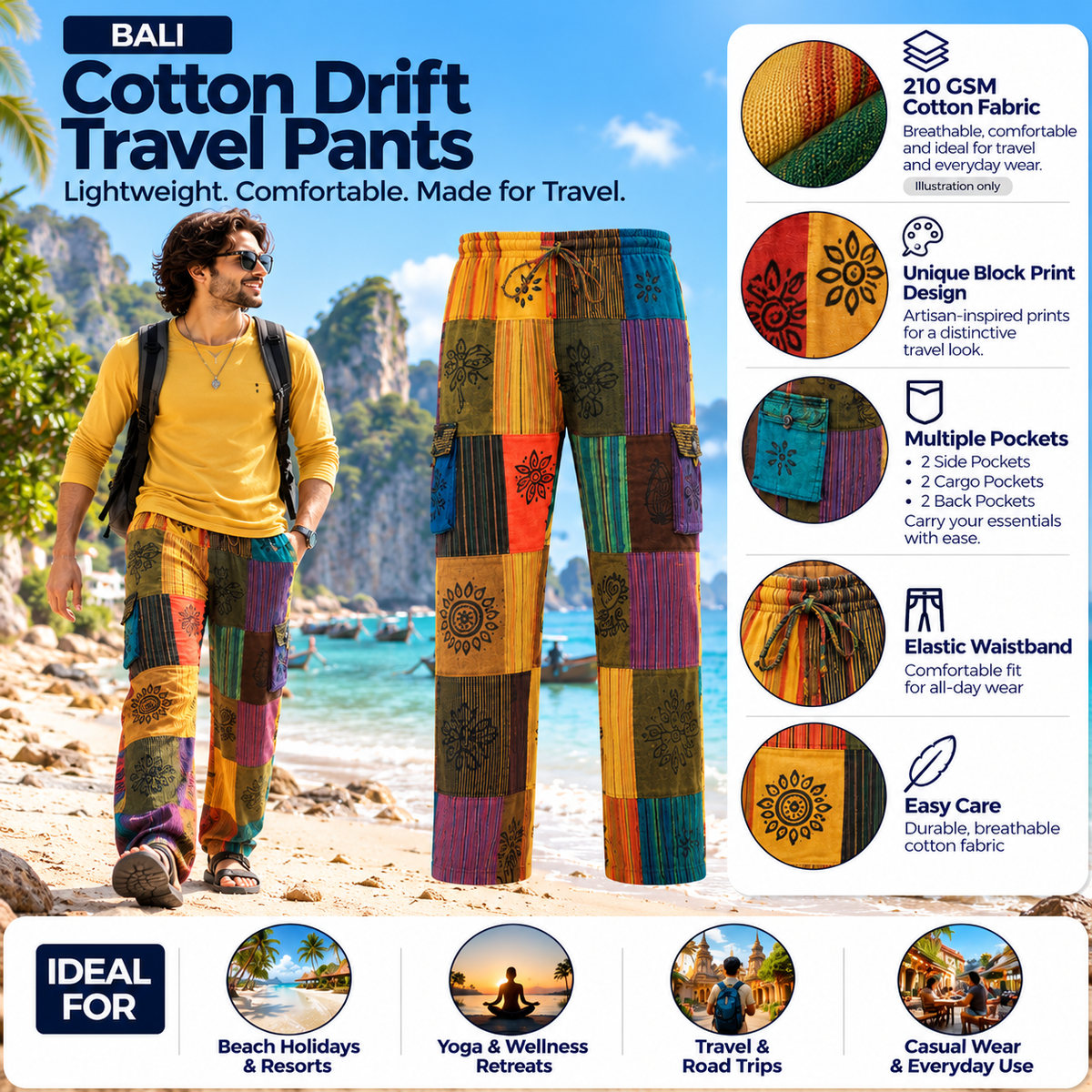 Buy Gokyo Bali Block-Printed Cotton Drift Pants | Mens Trekking & Hiking Pants at Gokyo Outdoor Clothing & Gear