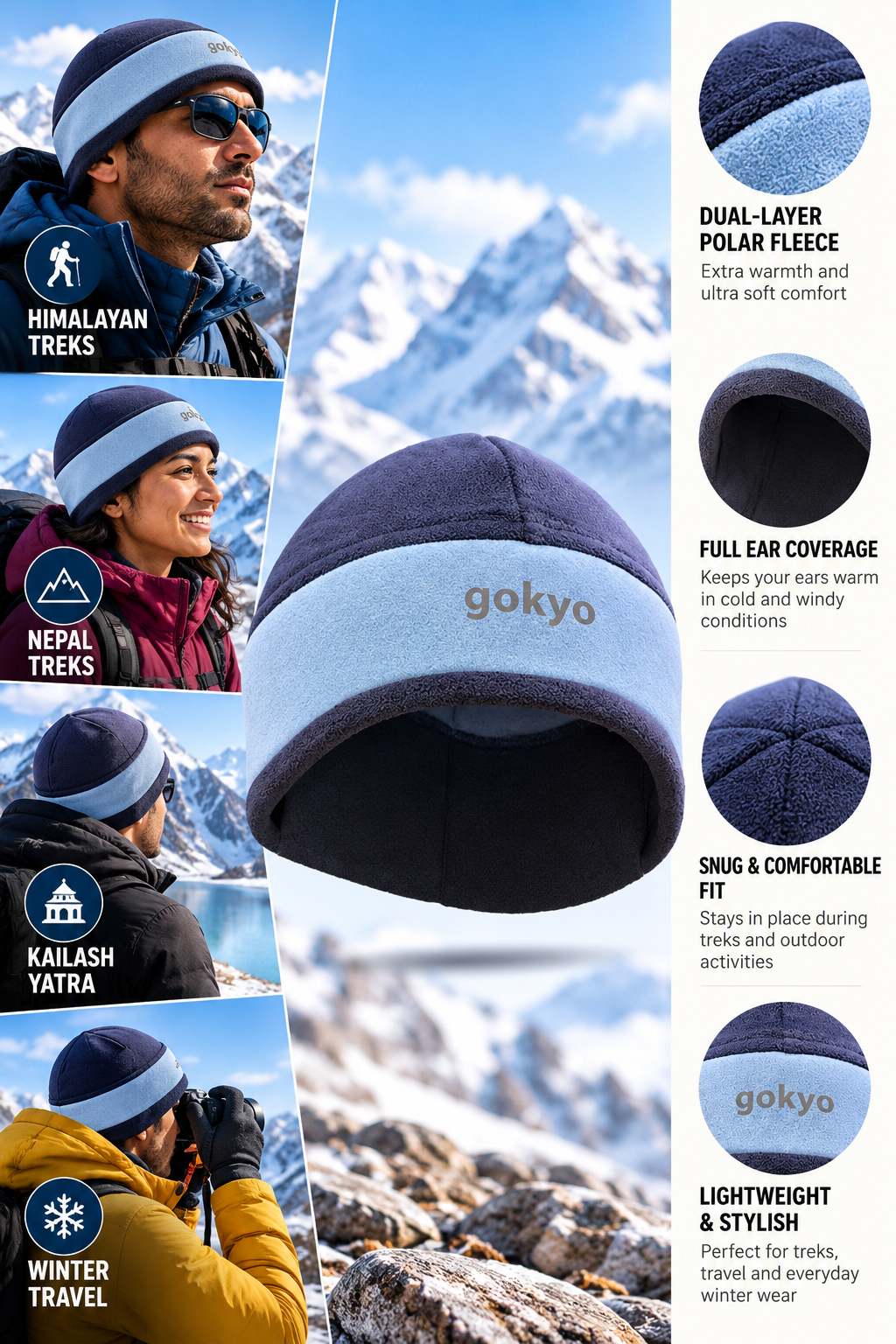 Denali Polar Fleece Beanie for Himalayan treks, Nepal treks, Kailash Yatra and winter travel, showing fleece warmth and ear coverage