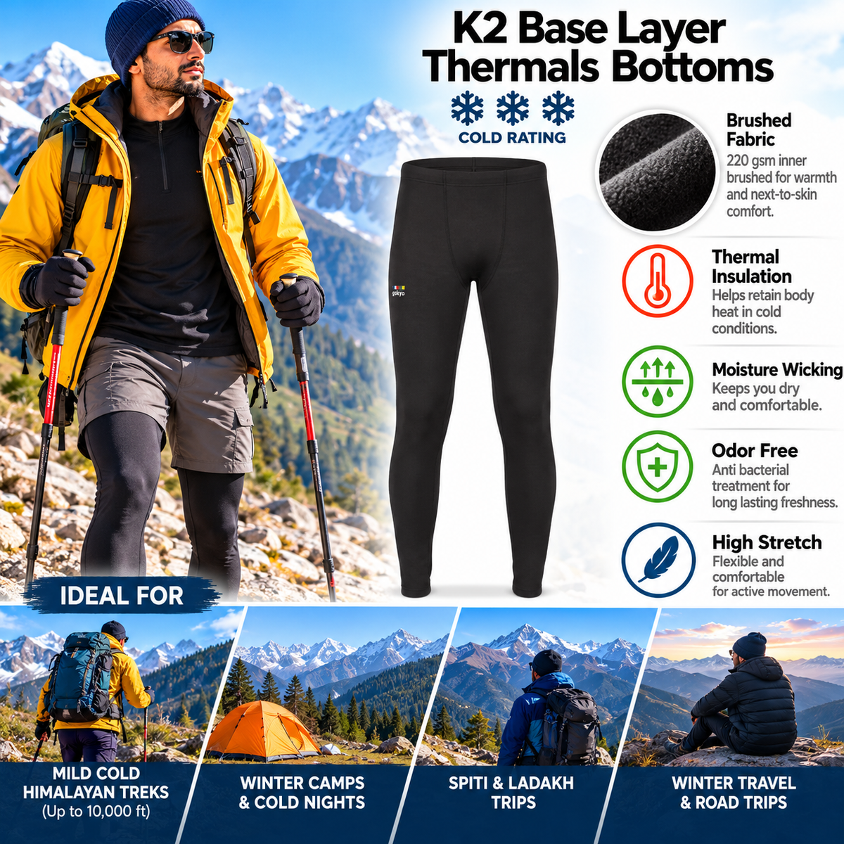 K2 Base Layer Thermals Bottoms black, three snowflake cold rating and mild Himalayan winter use