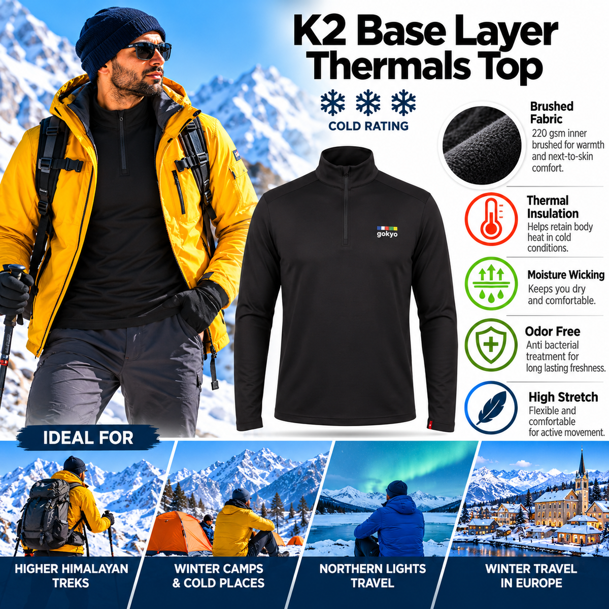 K2 Base Layer Thermals Top black, three snowflake cold rating and winter features