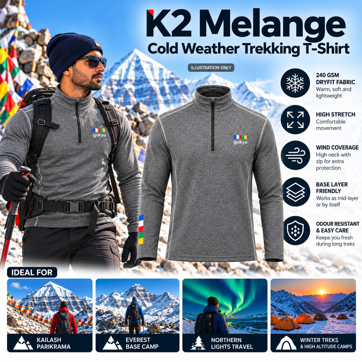 Buy Gokyo K2 Melange Cold Weather Trekking T-Shirt | Trekking & Hiking T-shirts at Gokyo Outdoor Clothing & Gear