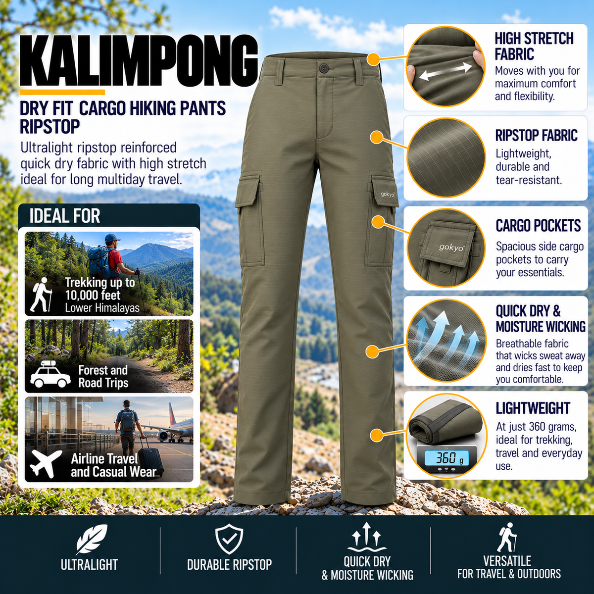Buy Gokyo Kalimpong Dry Fit Cargo Hiking Pants - RipStop | Mens Trekking & Hiking Pants at Gokyo Outdoor Clothing & Gear