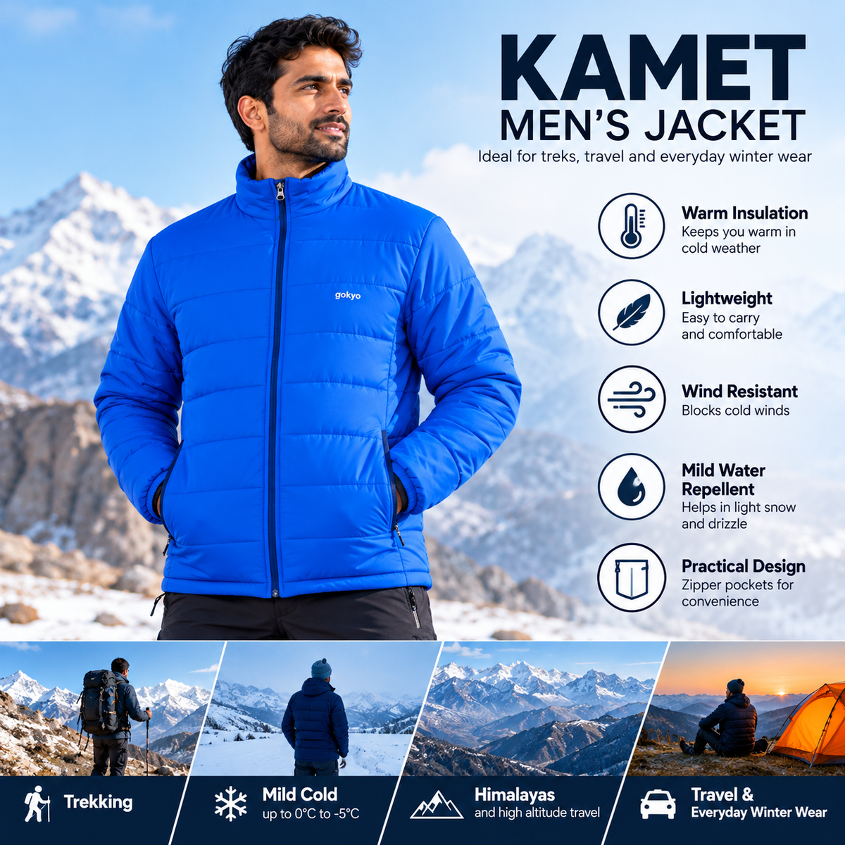 Kamet men's blue insulated jacket features and ideal uses