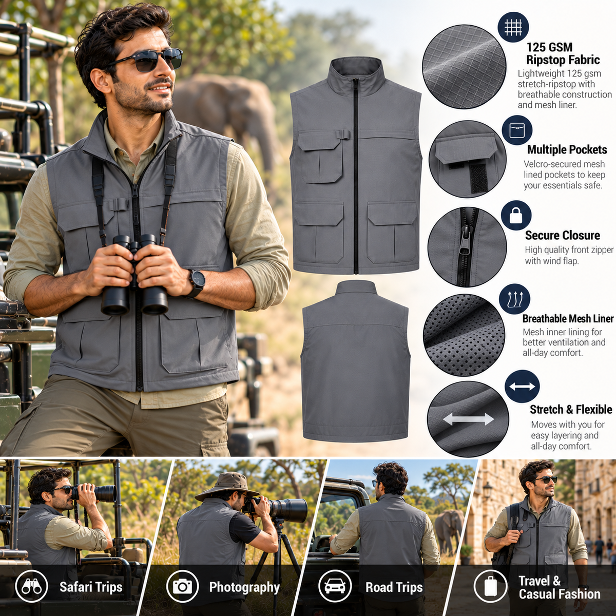 Kaza grey 125 GSM ripstop mesh-lined multi-pocket travel vest for safari, photography and road trips