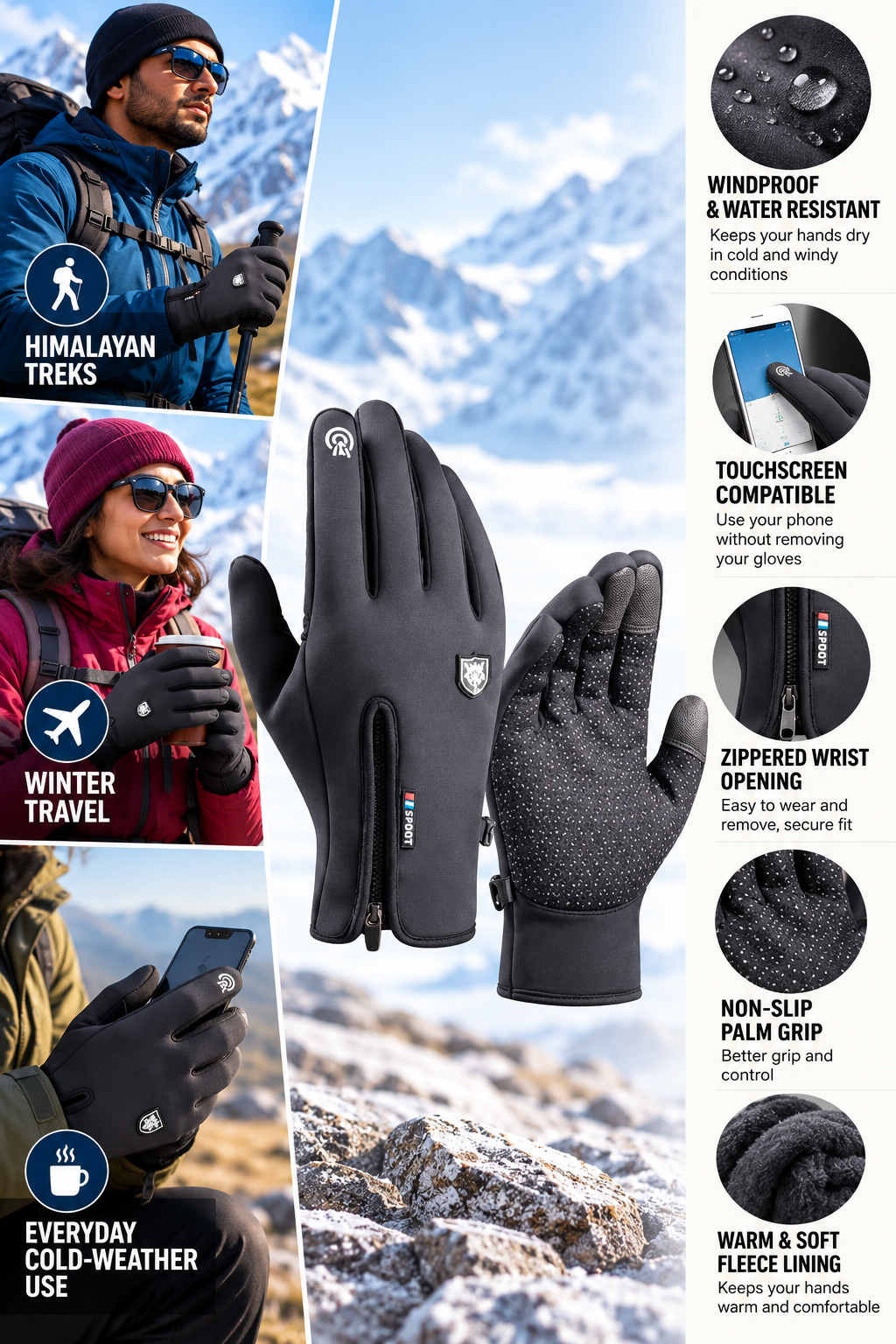 Kaza winter windproof touchscreen gloves with zipper, grip and fleece lining for trekking and winter travel