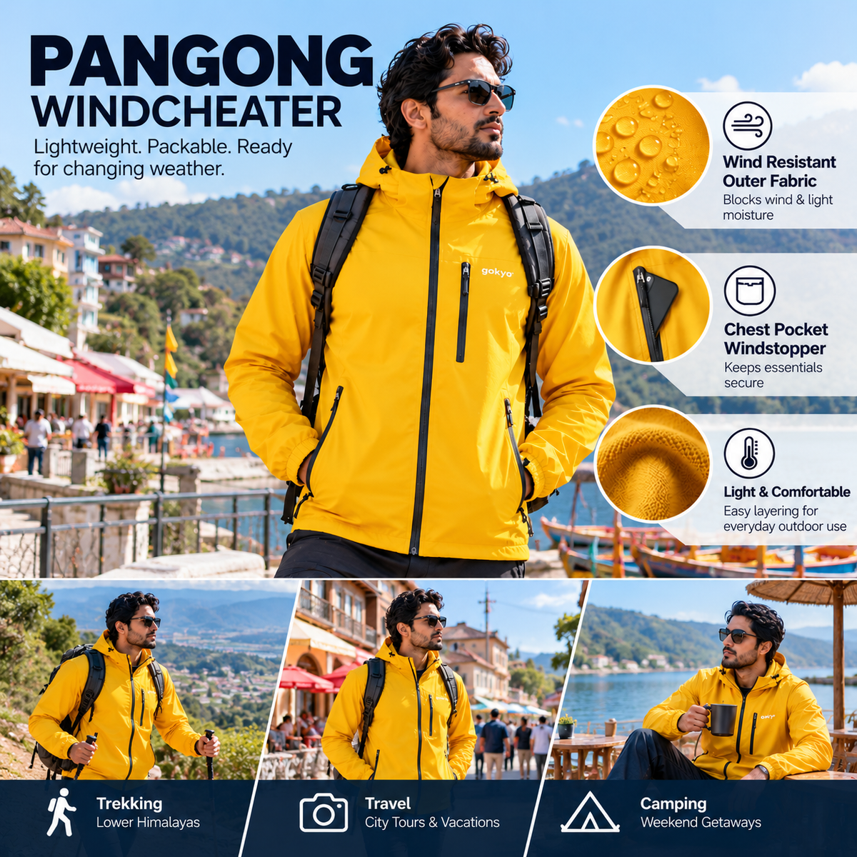 Pangong yellow windcheater for lower Himalayas trekking, city travel and weekend camping