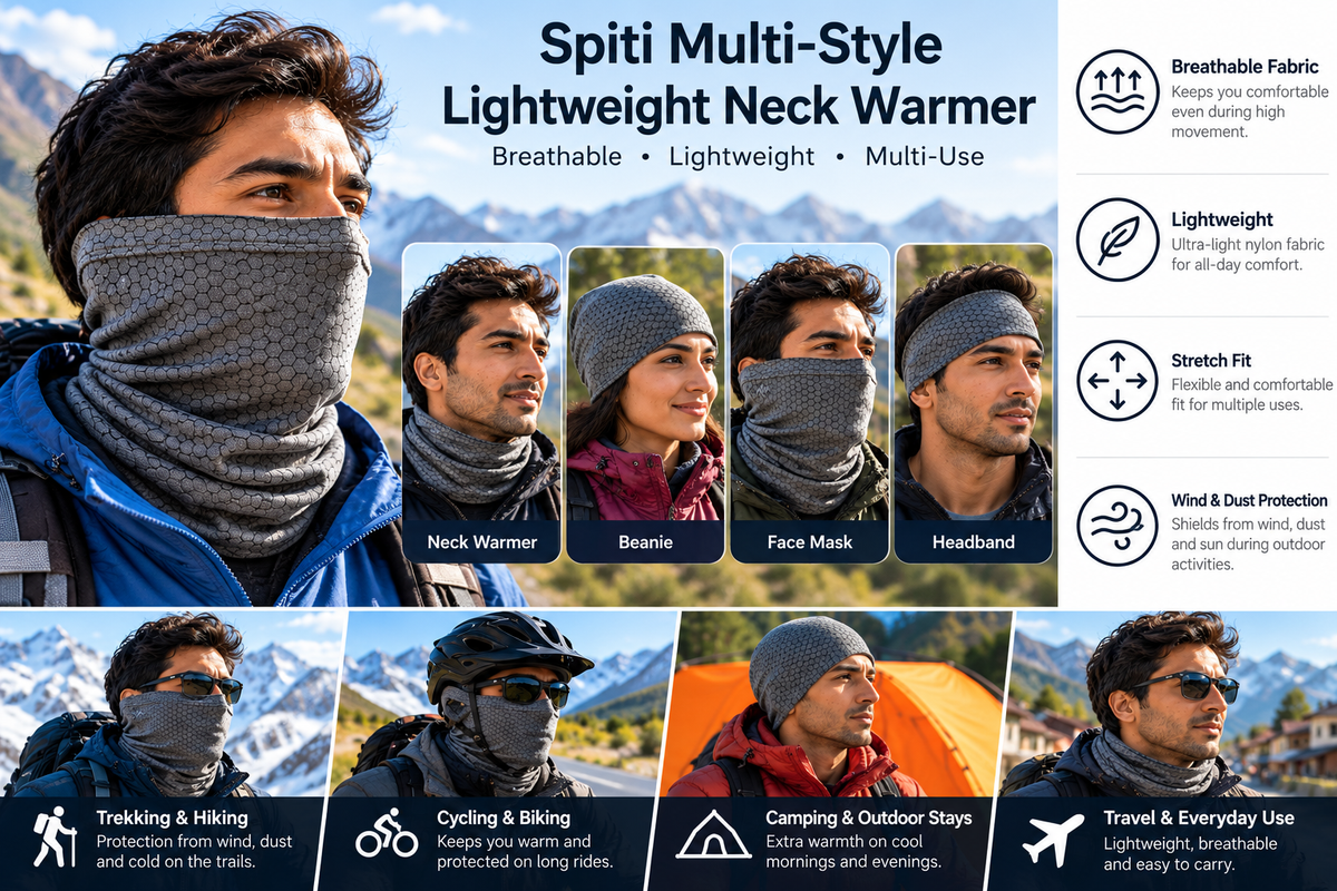 Spiti grey neck warmer four wearing styles and product features