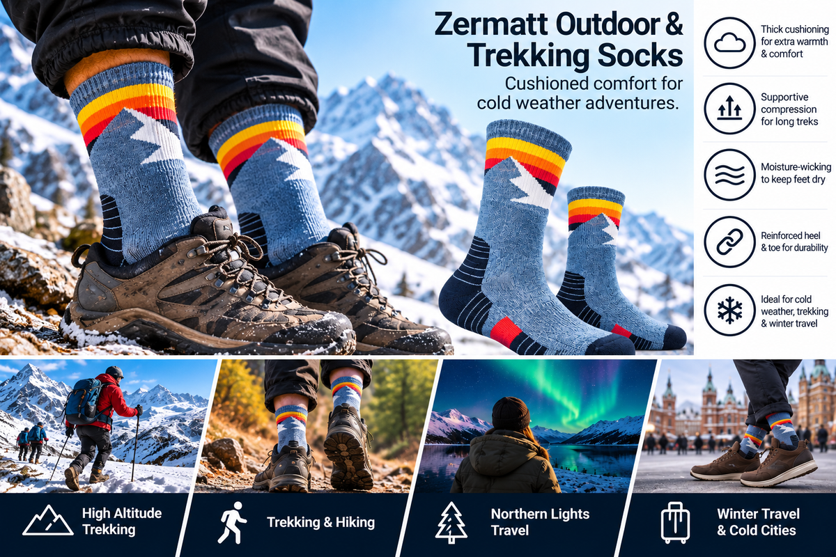 Zermatt Outdoor and Trekking Socks cold weather lifestyle and features graphic