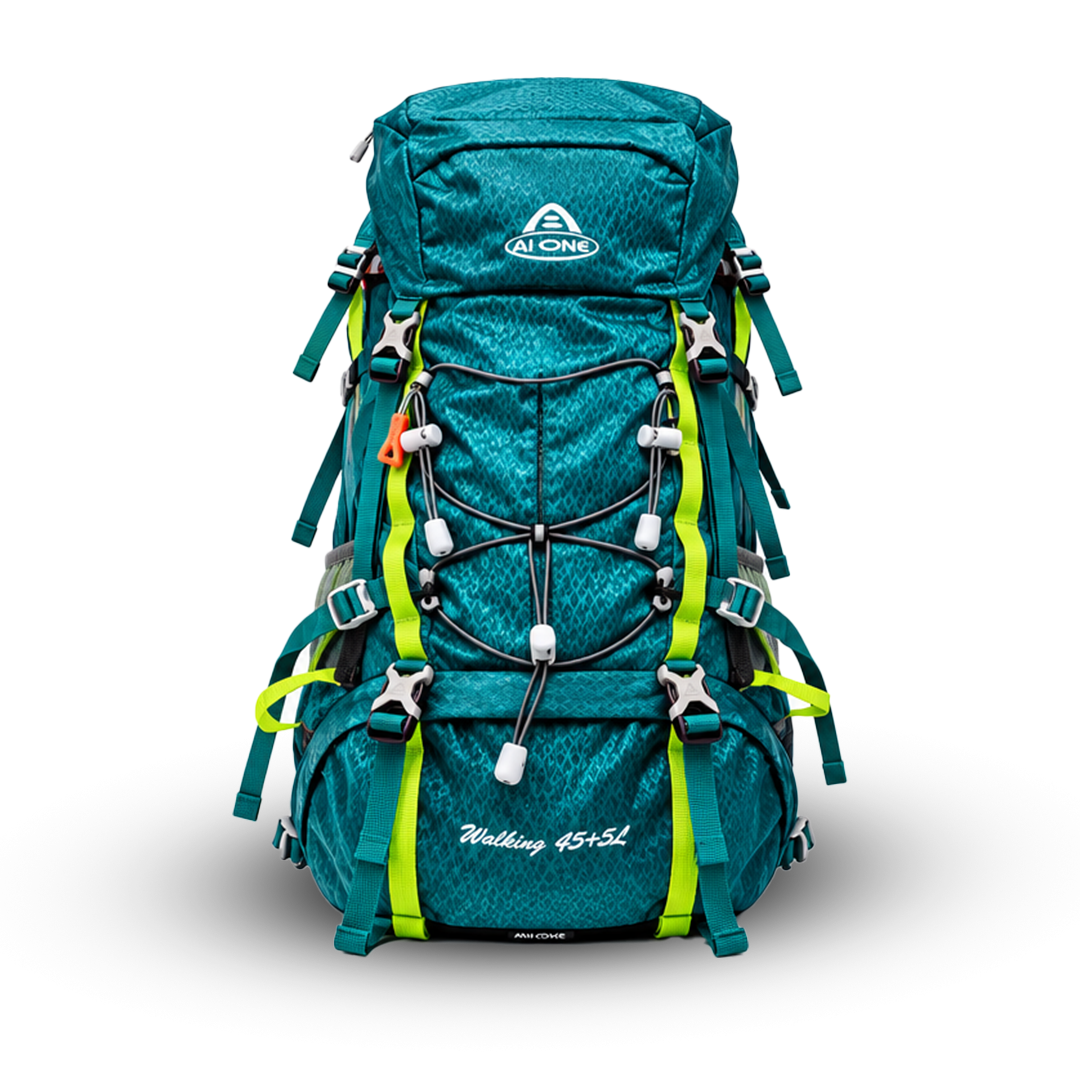 Ai One Walking 45+5L trekking backpack front view in teal