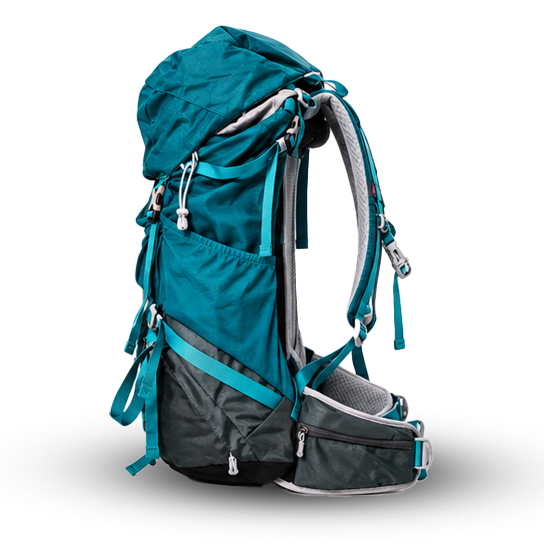 AI One 55L blue trekking backpack side view