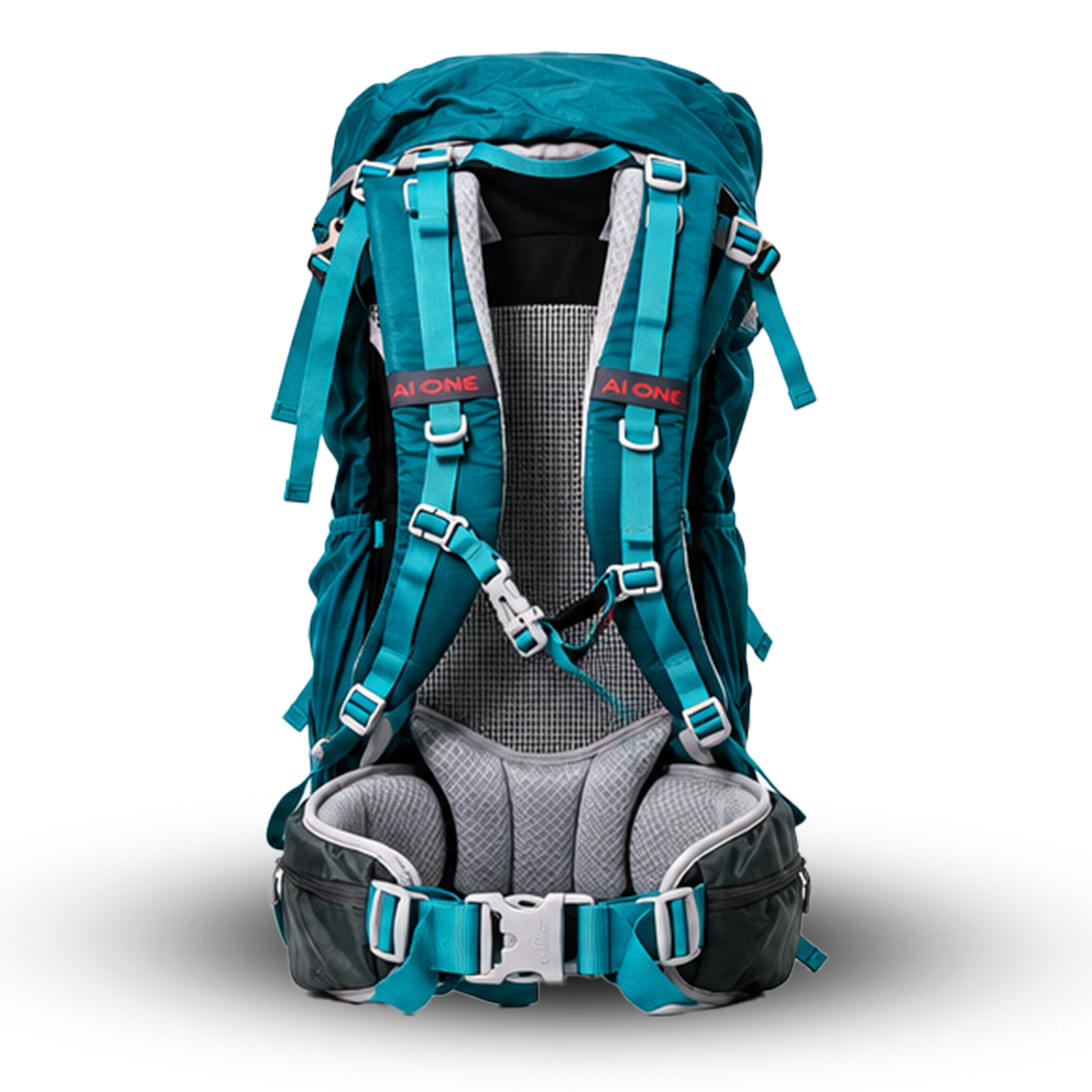AI One 55L blue trekking backpack padded back and harness system