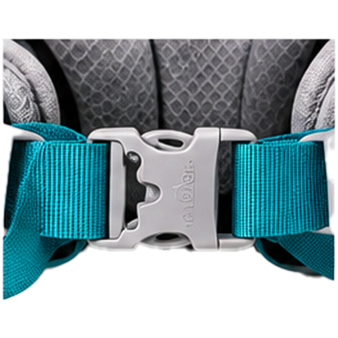 AI One 55L blue trekking backpack waist buckle detail