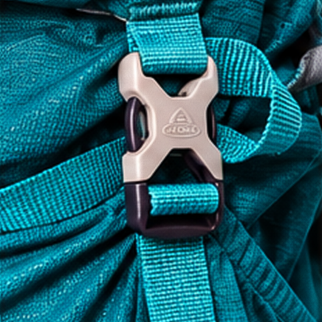 AI One 55L blue trekking backpack compression buckle detail