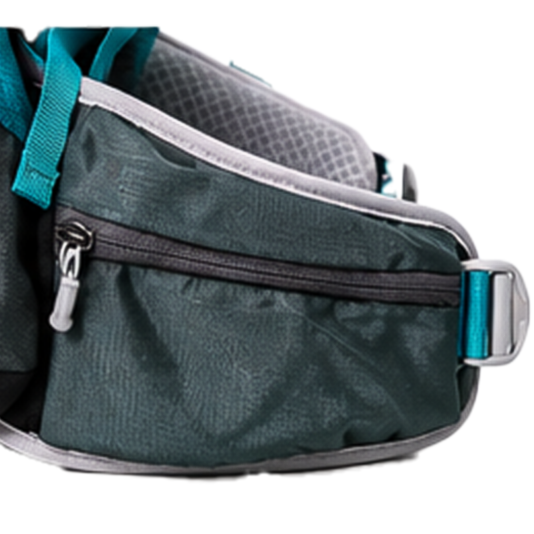 AI One 55L blue trekking backpack hip belt zip pocket detail