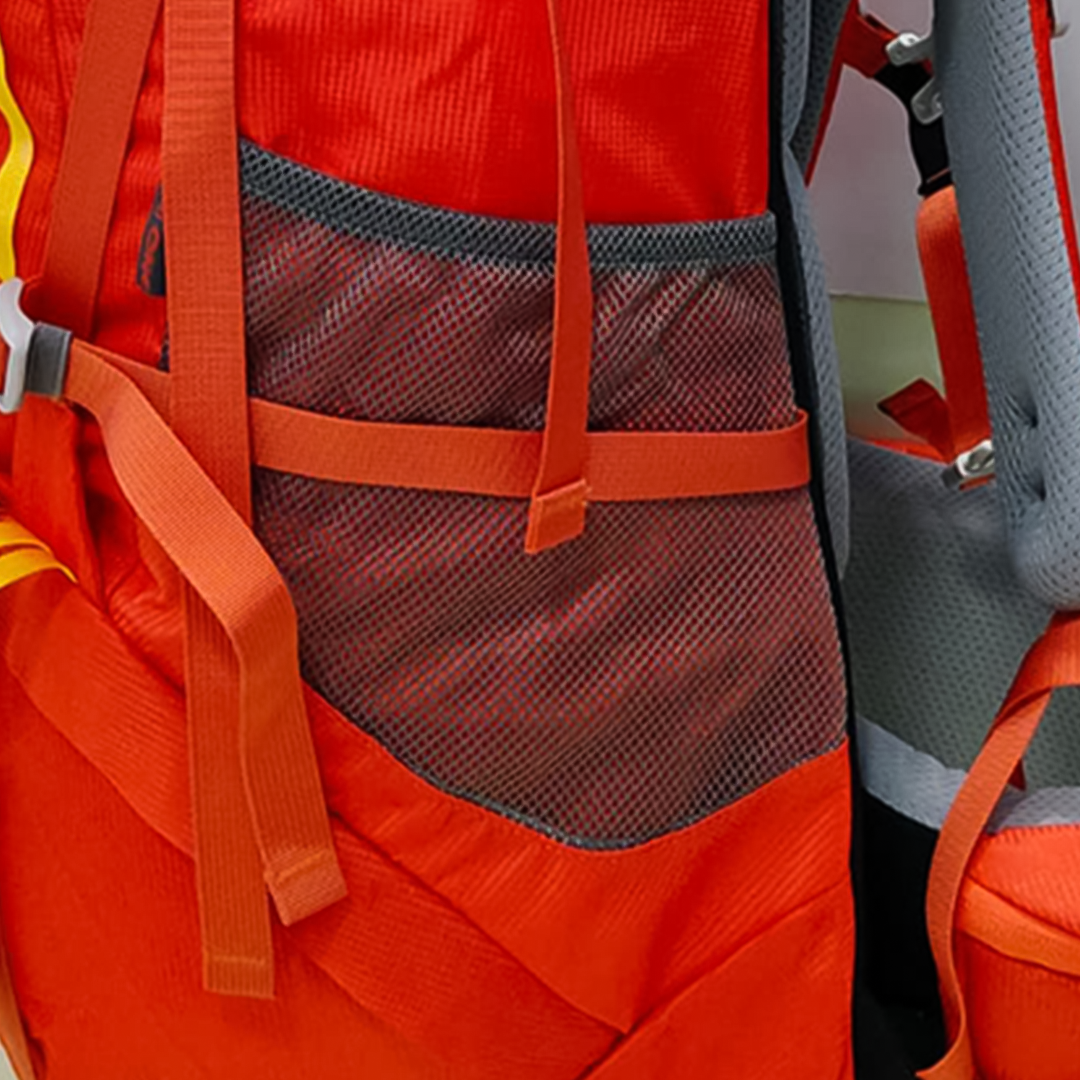 AI One 80L trekking backpack mesh side pocket detail