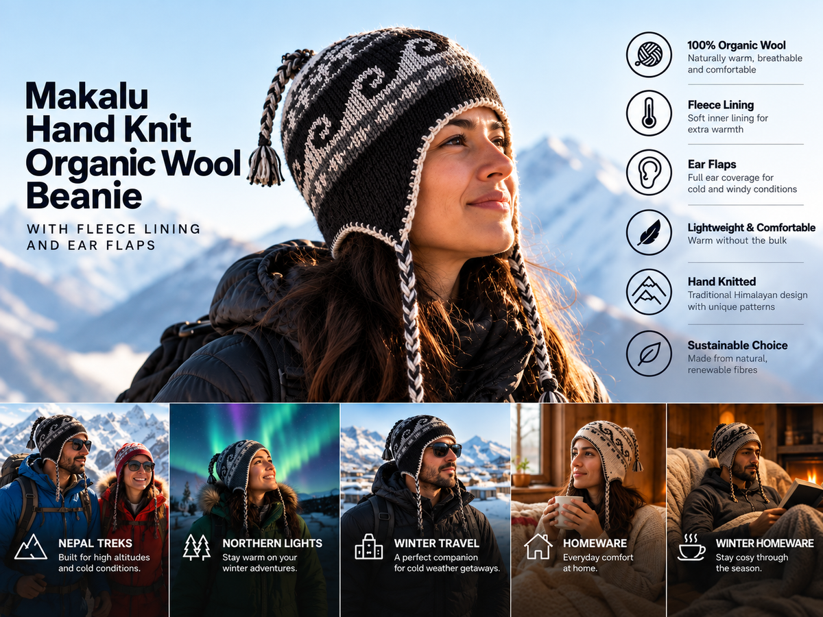 Makalu Hand-Knit Organic Wool Beanie with Fleece Lining & Ear Flaps