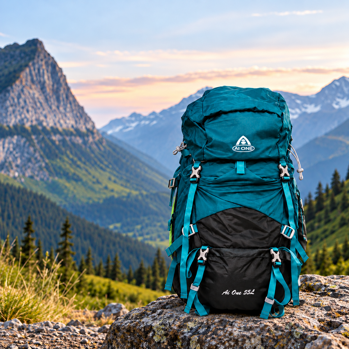 AI One 55L blue trekking backpack mountain lifestyle image