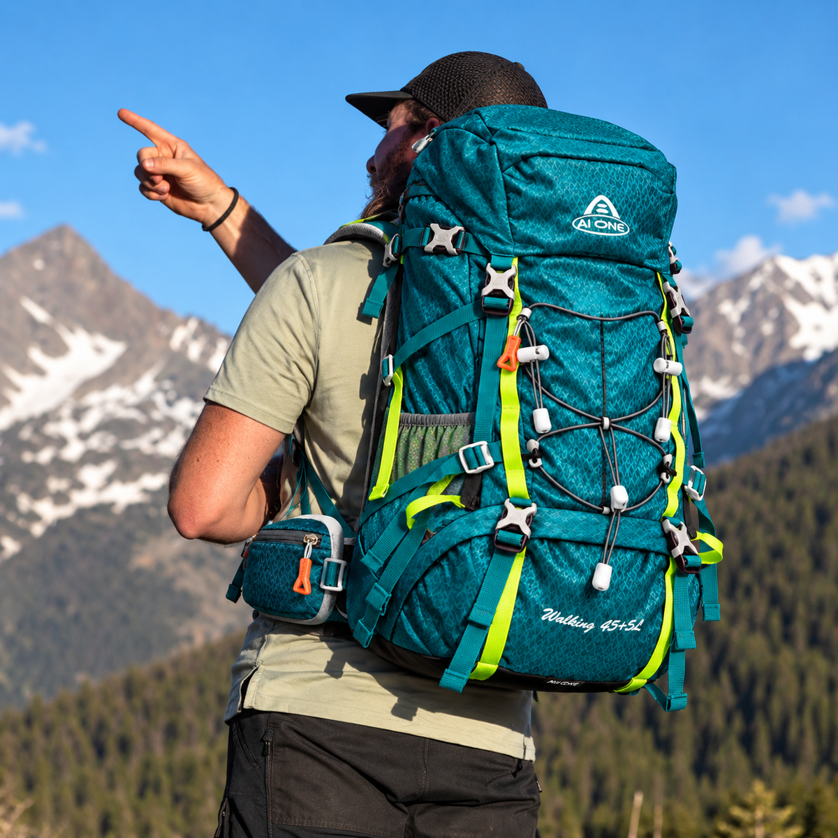 Ai One Walking 45+5L trekking backpack worn on mountain trail