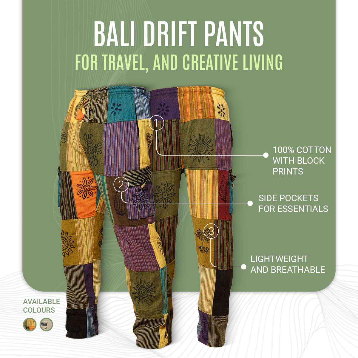 Buy Gokyo Bali Block-Printed Cotton Drift Pants | Mens Trekking & Hiking Pants at Gokyo Outdoor Clothing & Gear
