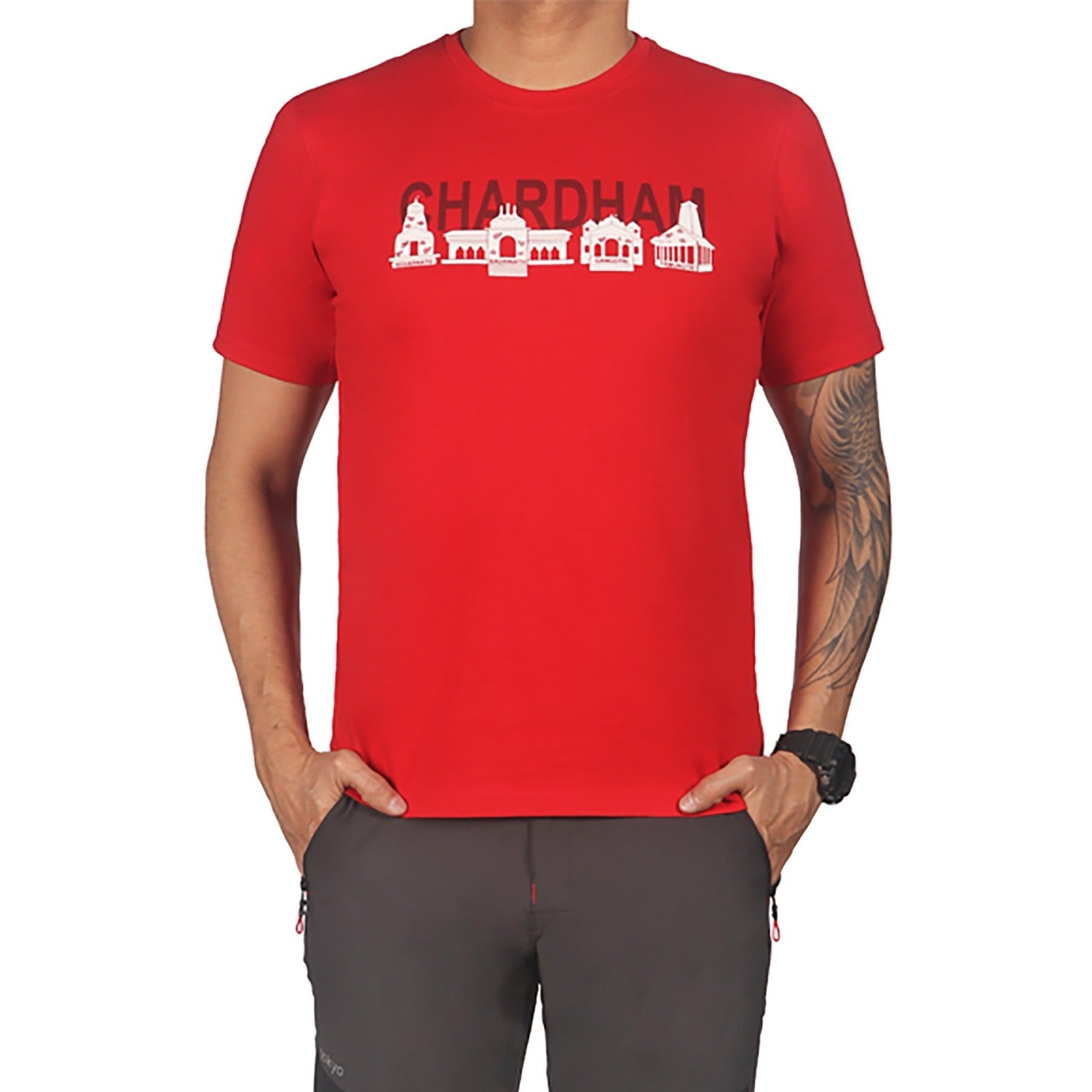 Buy Gokyo GOKYO Originals Tshirt - Char Dham Print Red | Trekking & Hiking T-shirts at Gokyo Outdoor Clothing & Gear