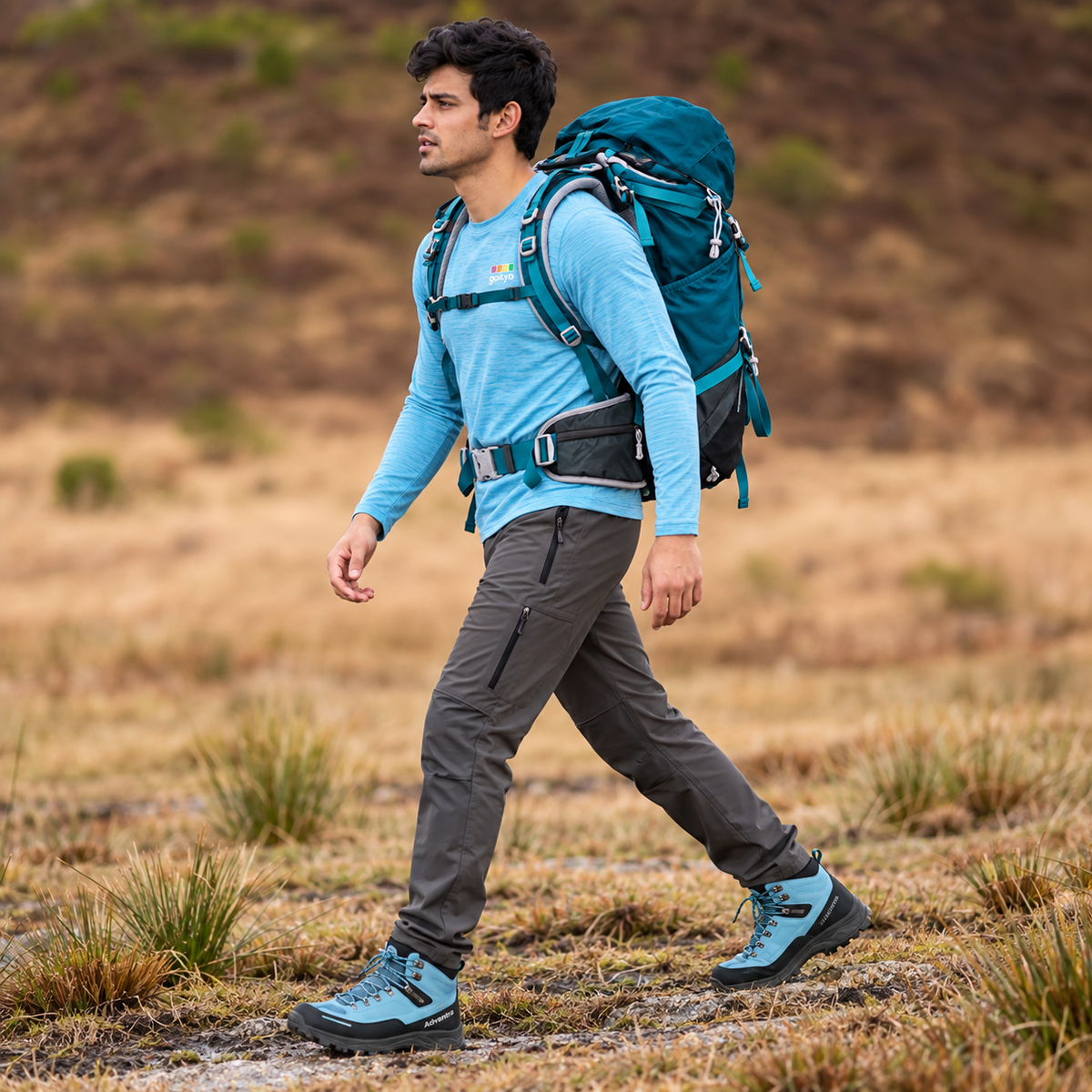 AI One 55L blue trekking backpack worn on hiking trail