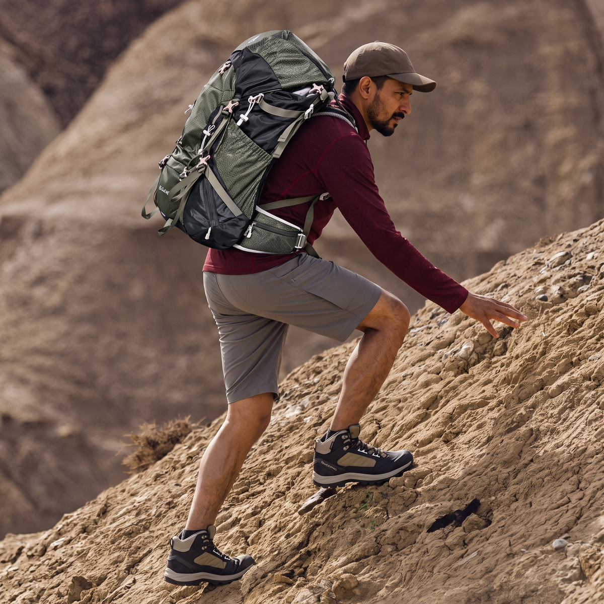 AI One 60L trekking backpack in outdoor mountain use