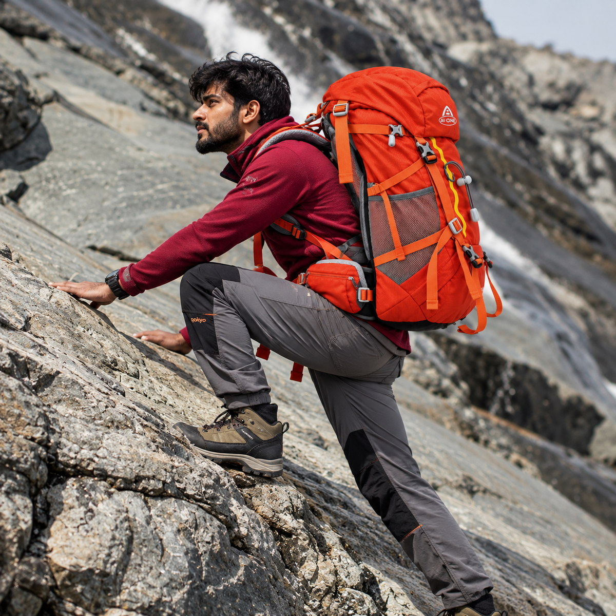 AI One 80L trekking backpack in outdoor mountain use