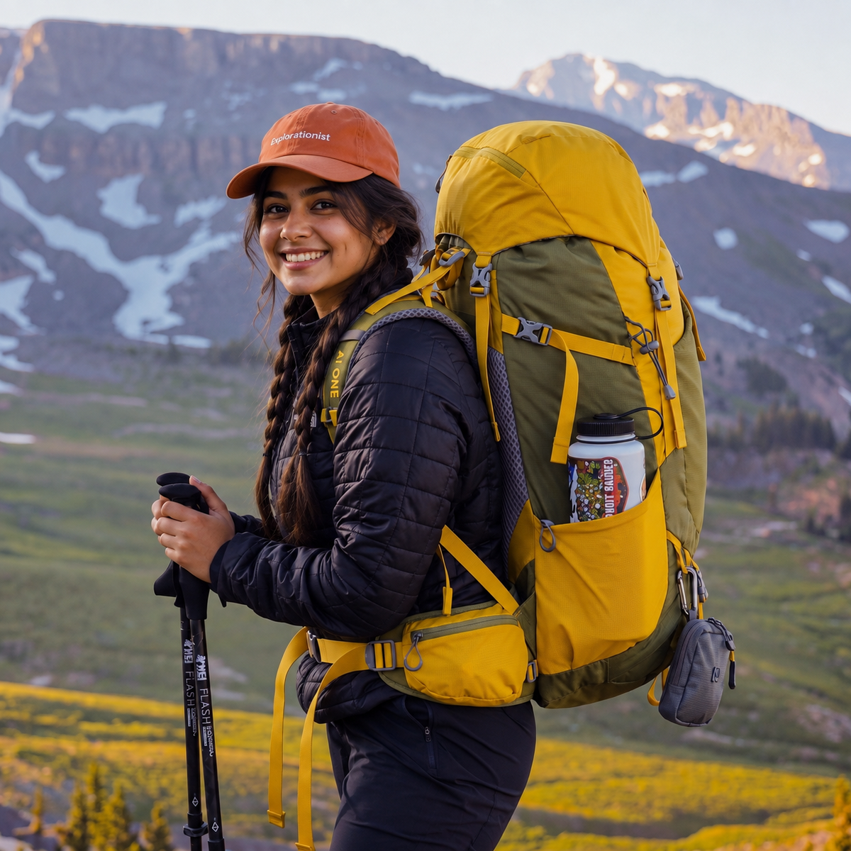 AI One 55L trekking backpack worn on mountain trail