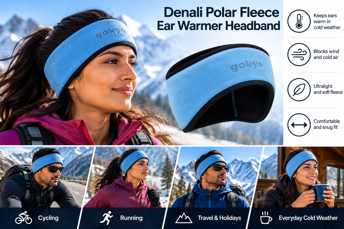 Denali Polar Fleece Ear Warmer blue lifestyle and features graphic