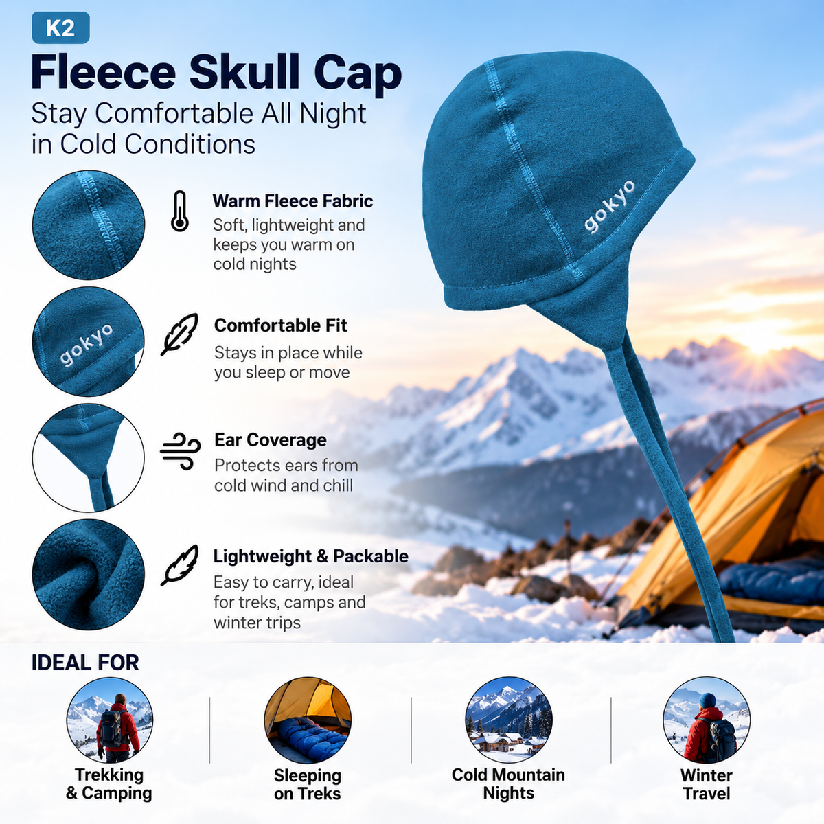 Blue K2 fleece skull cap with warm fleece, ear coverage, comfortable sleeping fit for Himalayan treks and camping