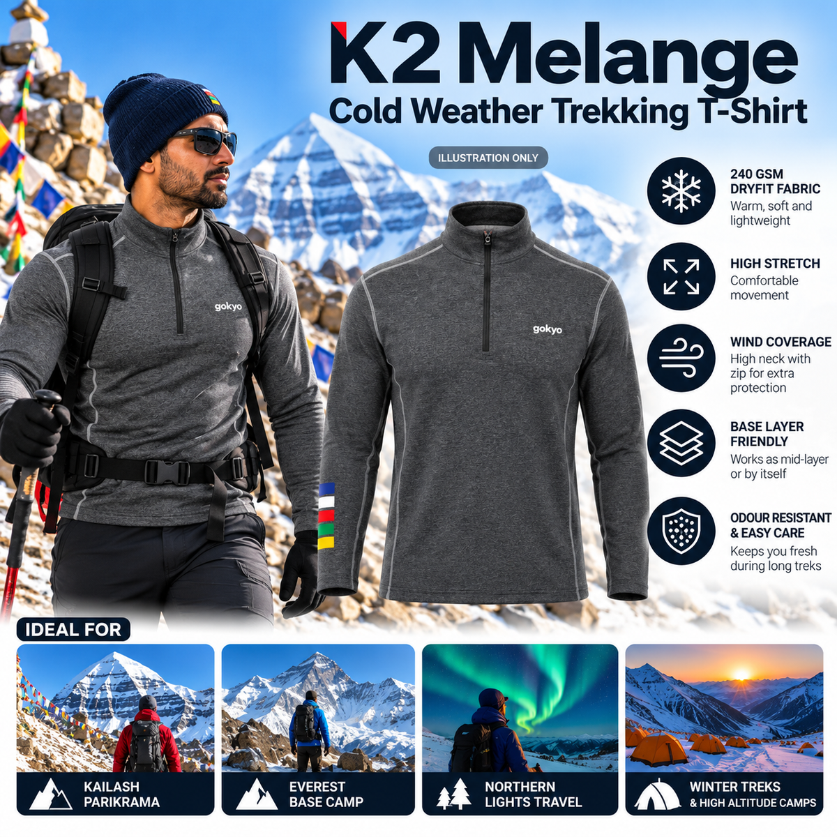 Charcoal Grey K2 Melange trekking T-shirt features and destination illustration