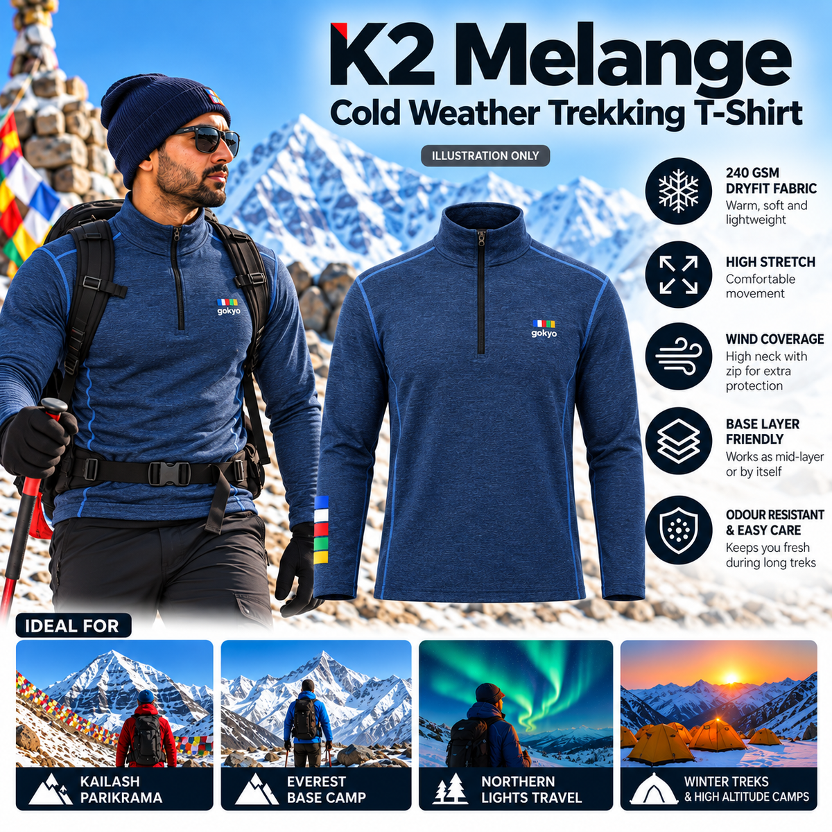 Buy Gokyo K2 Melange Cold Weather Trekking T-Shirt | Trekking & Hiking T-shirts at Gokyo Outdoor Clothing & Gear