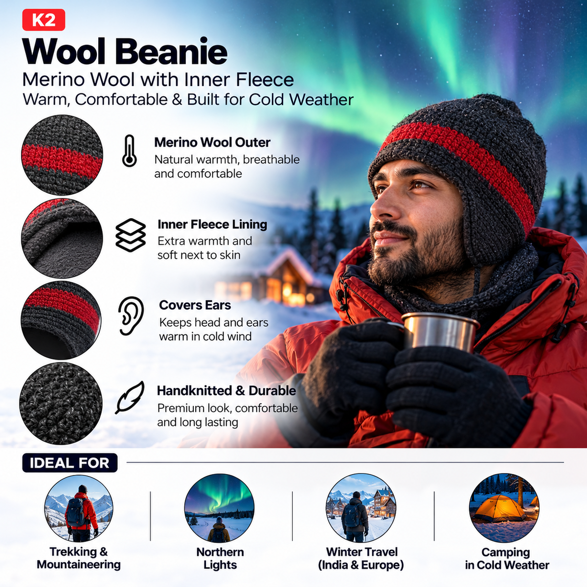 K2 red and charcoal merino wool beanie with fleece lining, ear coverage for Northern Lights and winter trekking
