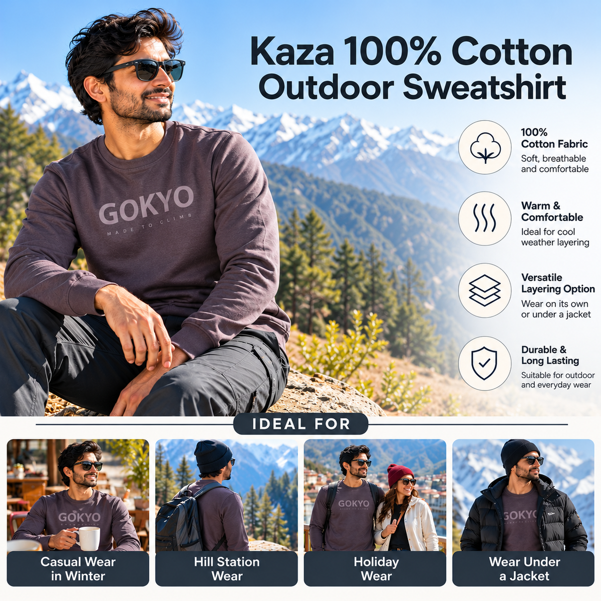 Buy Gokyo Kaza 100% Cotton Outdoor Sweatshirt | Trekking & Hiking T-shirts at Gokyo Outdoor Clothing & Gear