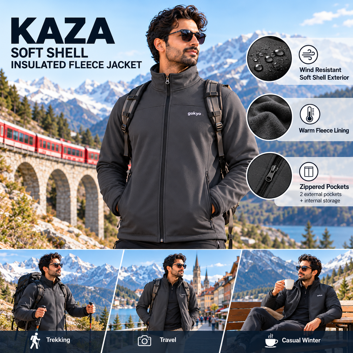 Kaza grey soft shell insulated fleece jacket features and trekking travel lifestyle