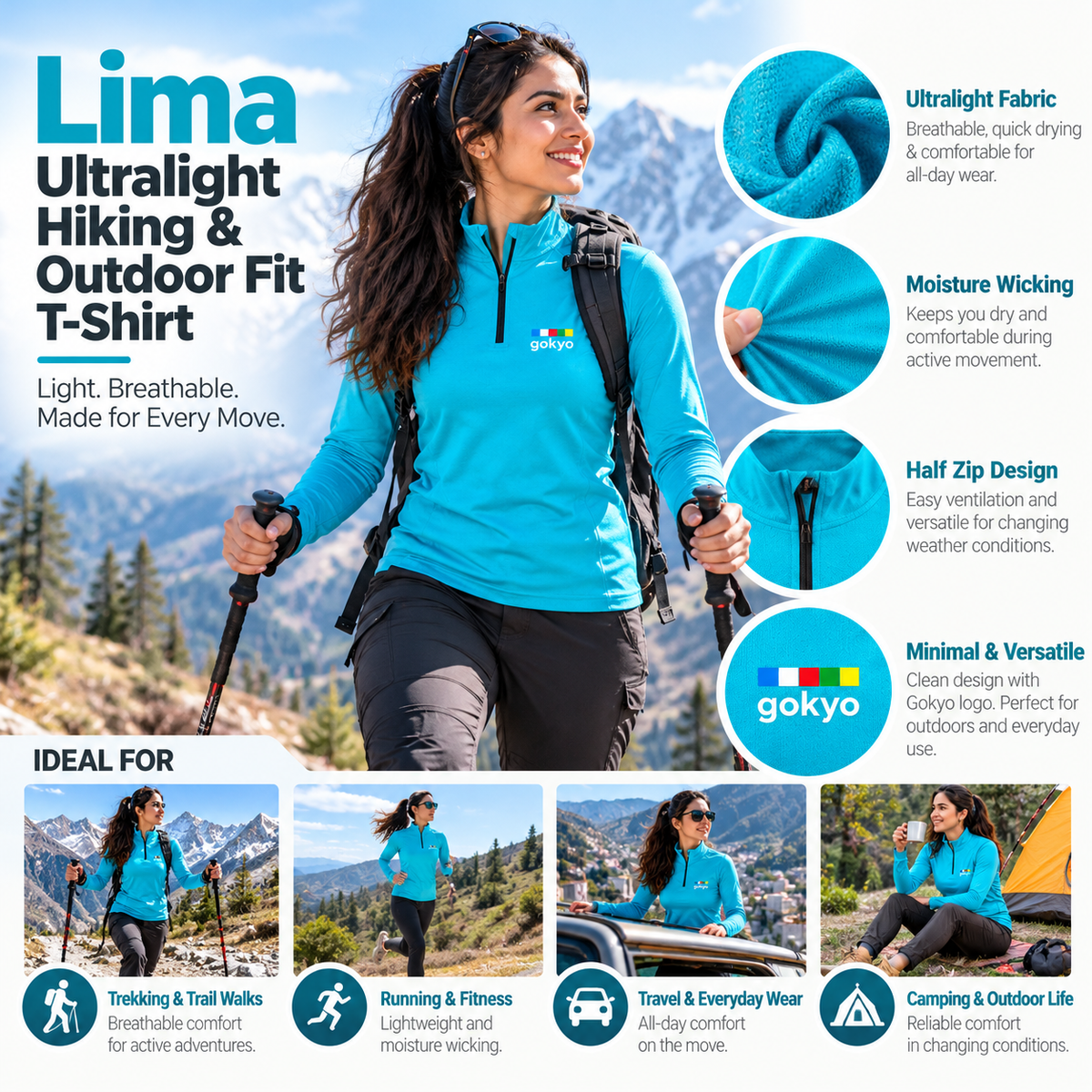 Lima women's blue ultralight hiking and outdoor half zip T-shirt lifestyle and features graphic