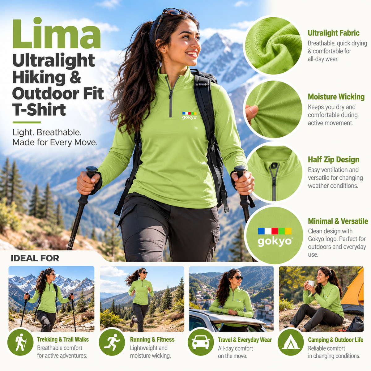 Lima women's green ultralight hiking outdoor half zip T-shirt lifestyle infographic