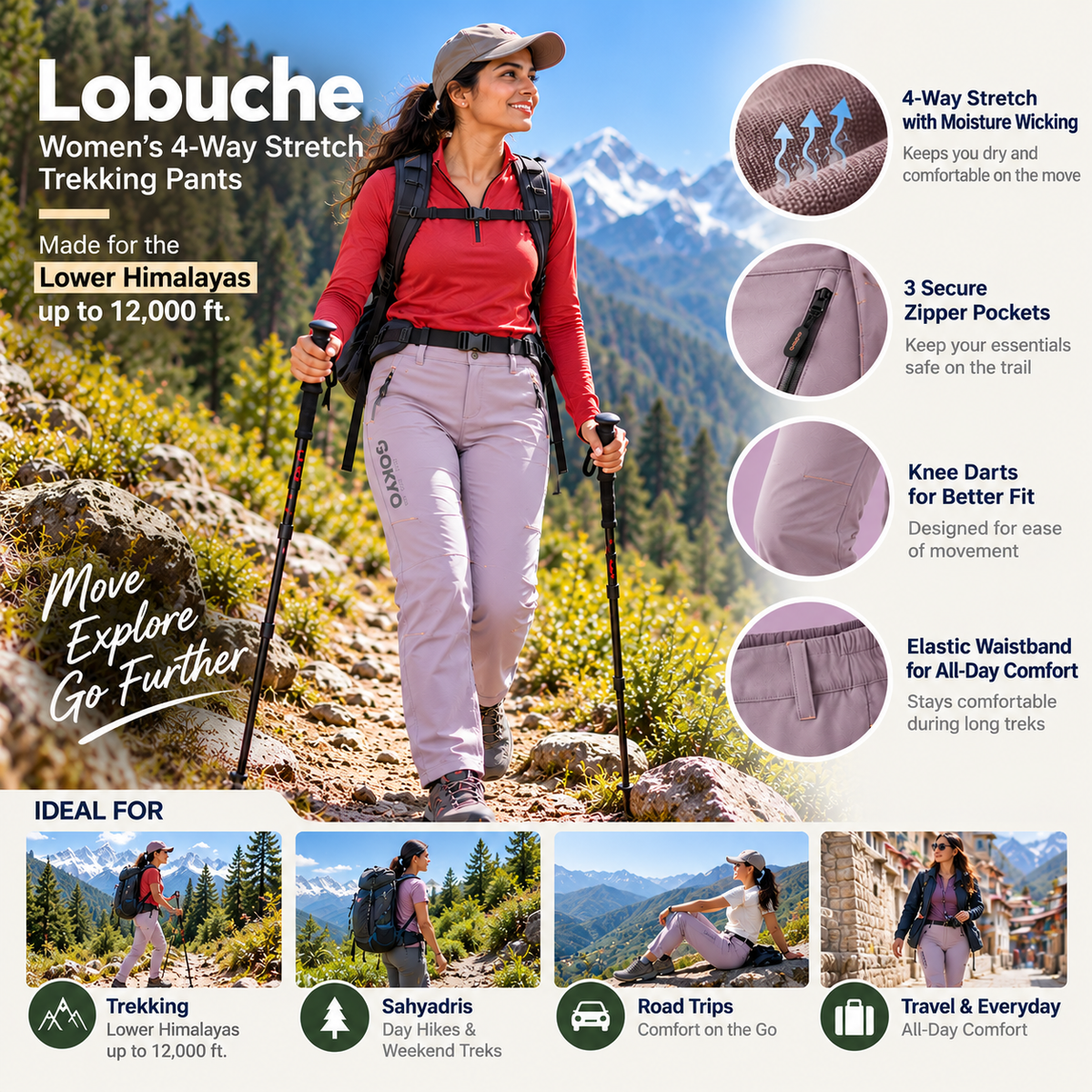 Lobuche women's lavender trekking pants Lower Himalayas lifestyle features