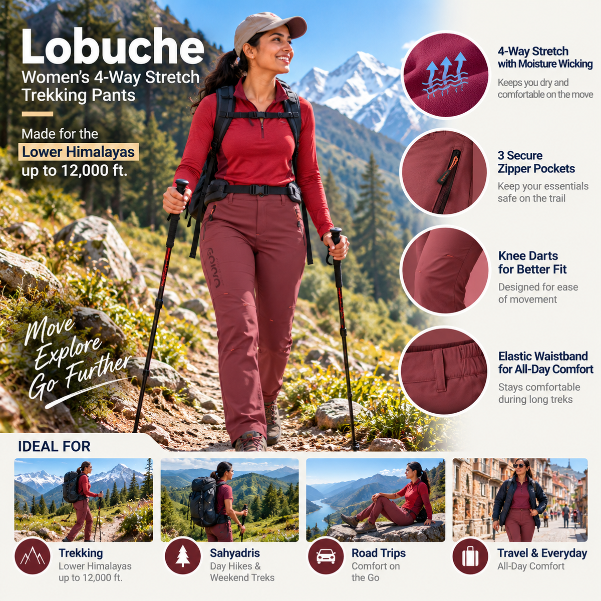 Lobuche women's maroon trekking pants Lower Himalayas lifestyle image