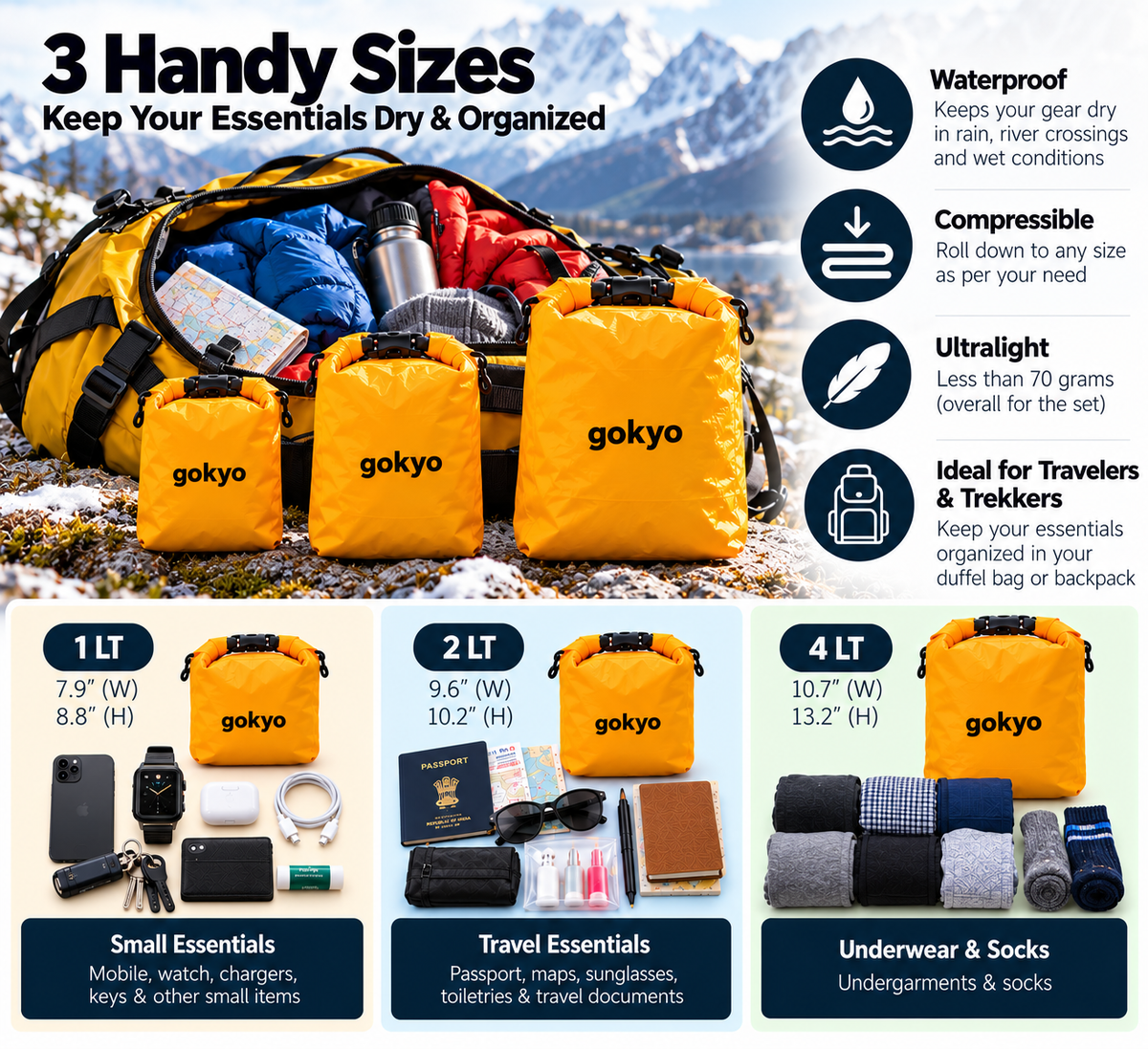 Buy Gokyo Makalu Waterproof Dry Sack Ultralight - Set of 3 sizes | Waterproof Dry Bags & Pouches at Gokyo Outdoor Clothing & Gear