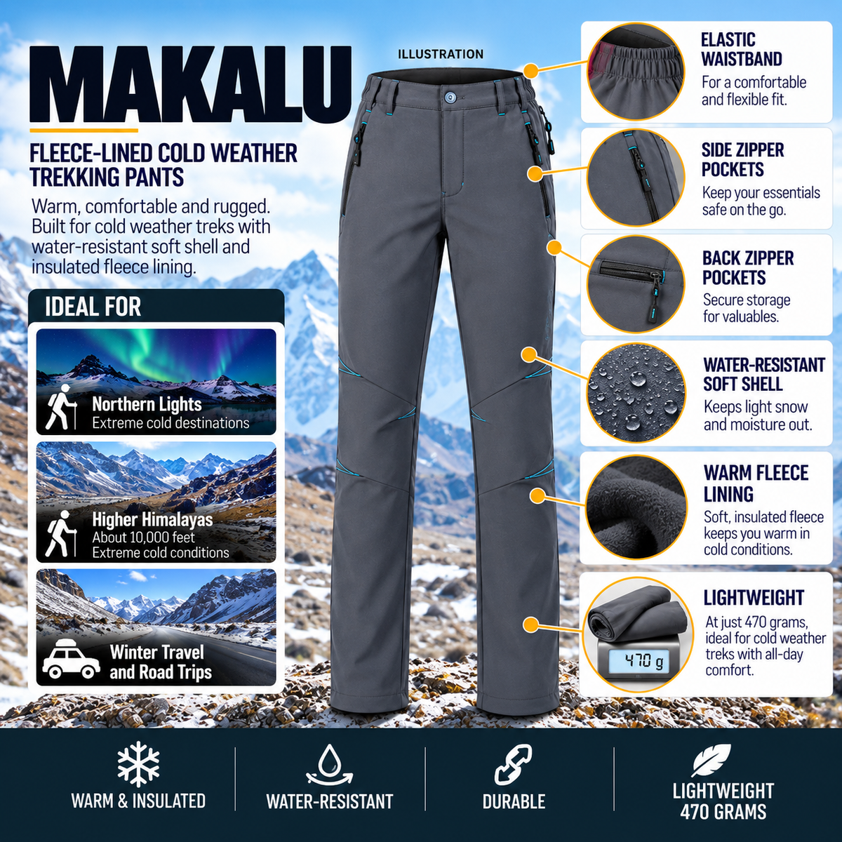 Buy Gokyo Makalu Fleece-Lined Cold Weather Outdoor & Trekking Pants | Mens Trekking & Hiking Pants at Gokyo Outdoor Clothing & Gear